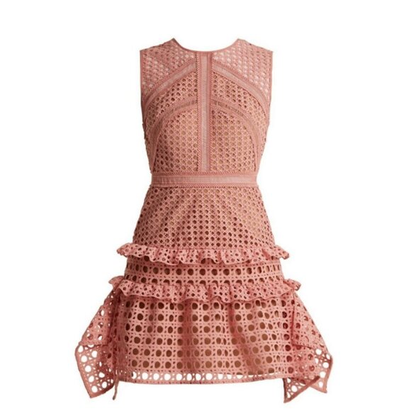💕SELF-PORTRAIT💕 Crosshatch Frill Mini Dress ~ Guipure Lace Pink US 4 NWT - Picture 10 of 16